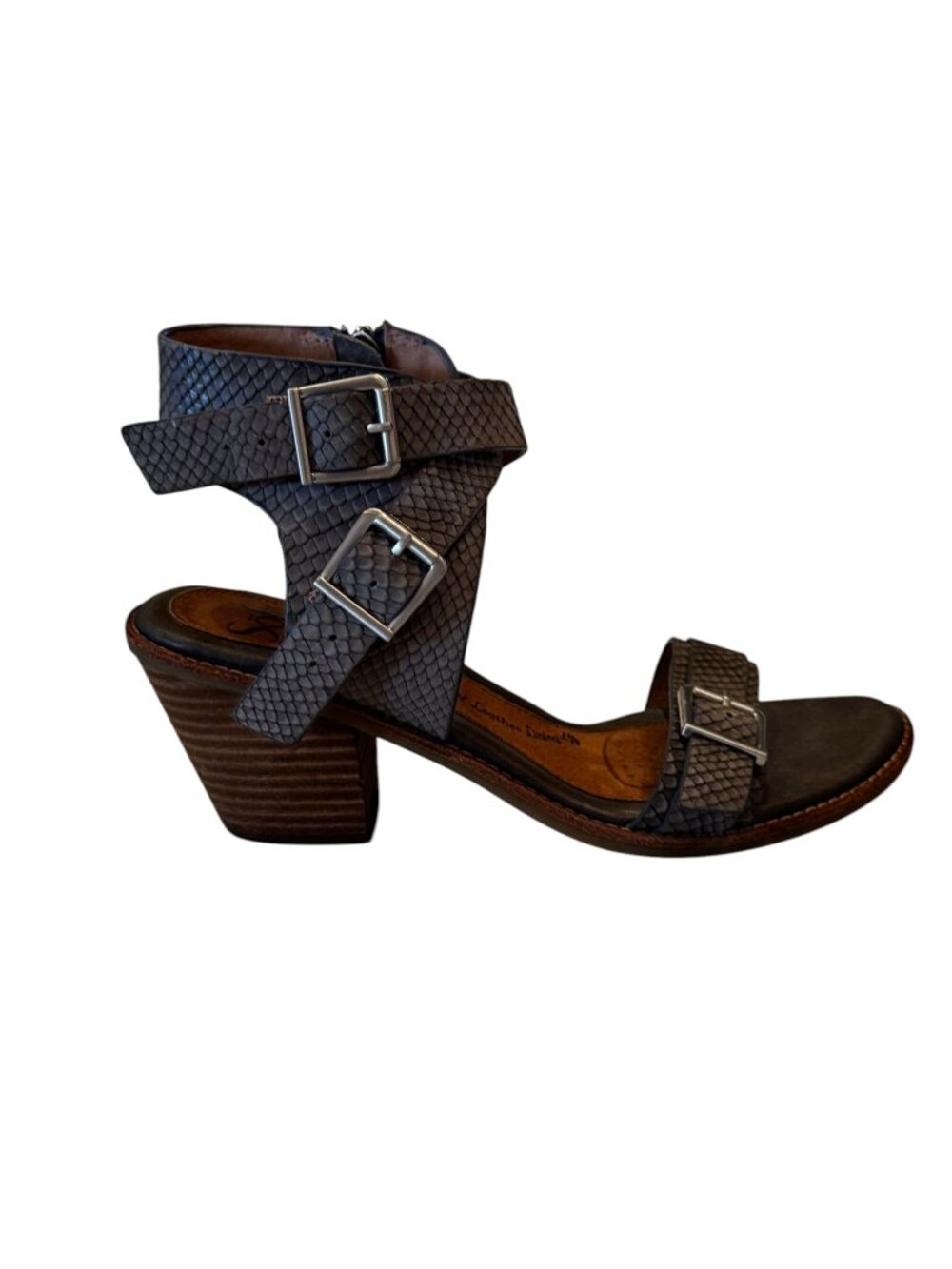 Söfft Gray Croc Embossed Leather Buckle Strap Block Heel Sandals Size 8 - Picture 4 of 12